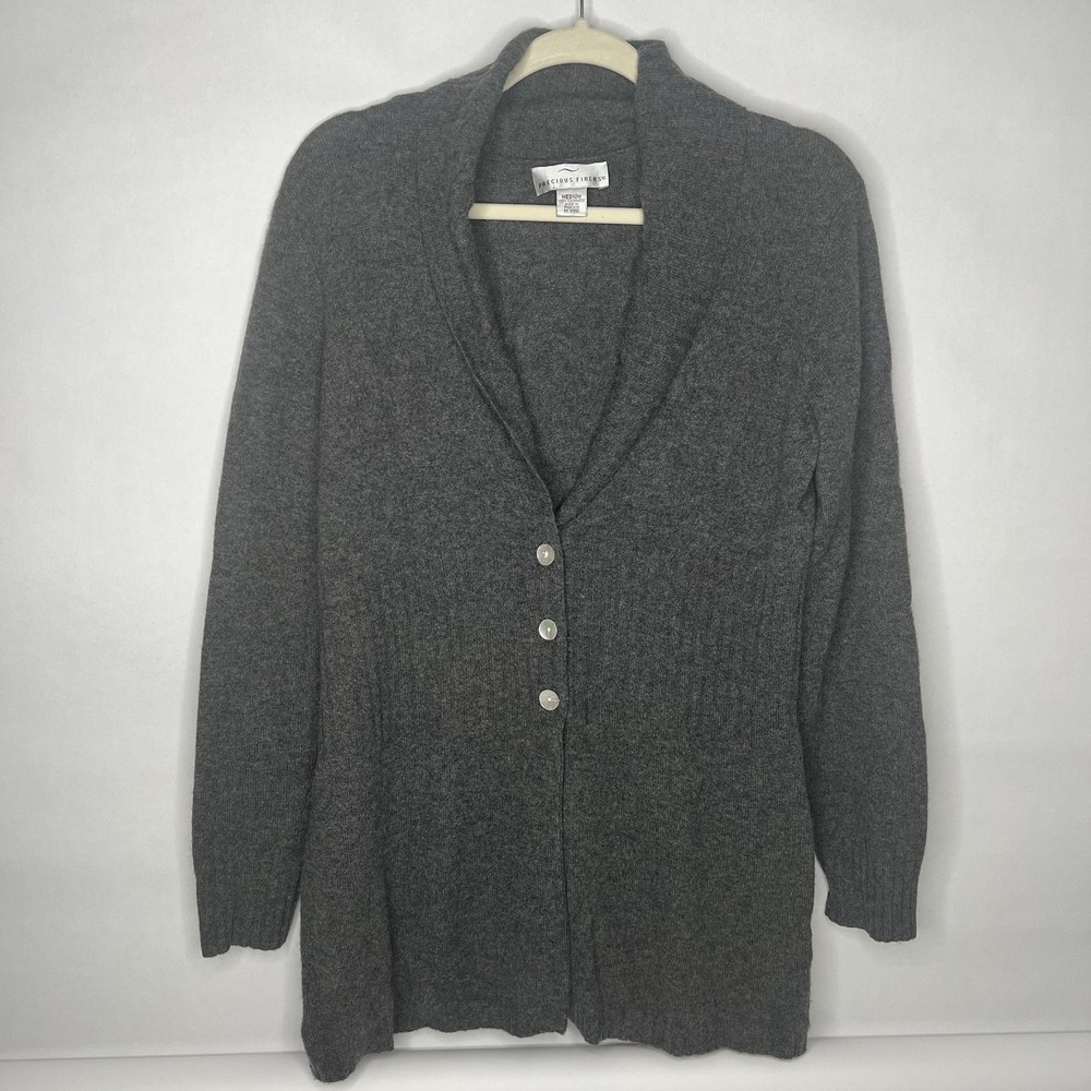 Precious Fibers Gray 100% Cashmere Sweater V Neck‎ Cardigan Medium M Collared